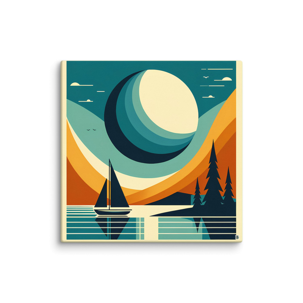 Geometric Moon Over Lake Sailboat — Canvas Print