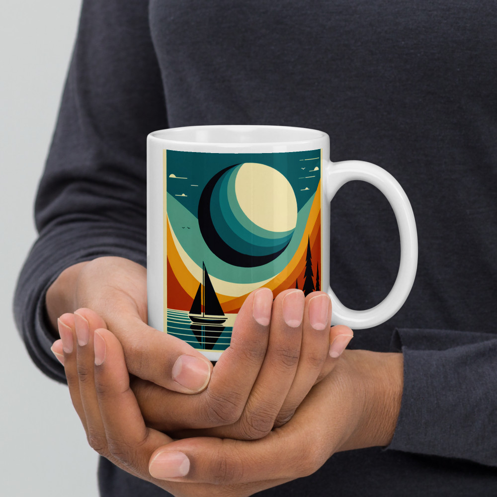 Geometric Moon Over Lake Sailboat