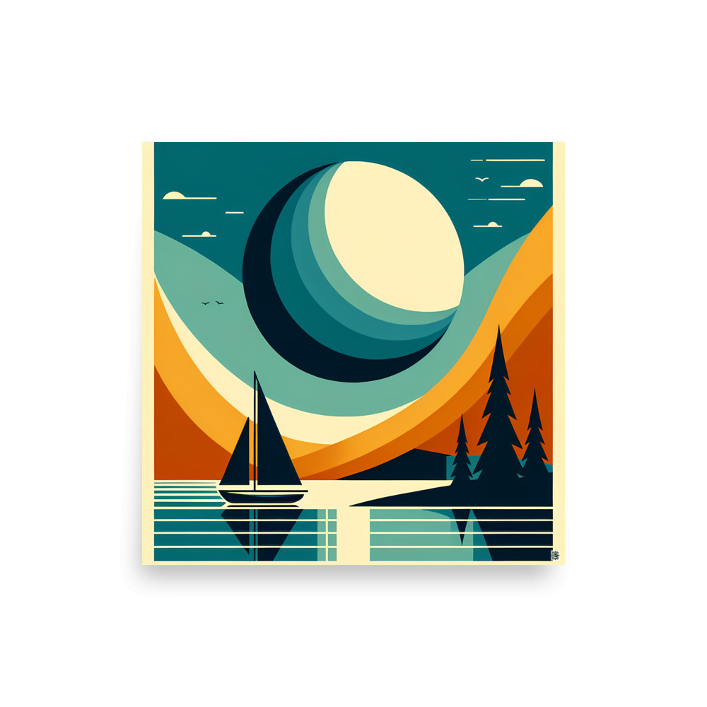 Geometric Moon Over Lake Sailboat — Art Print