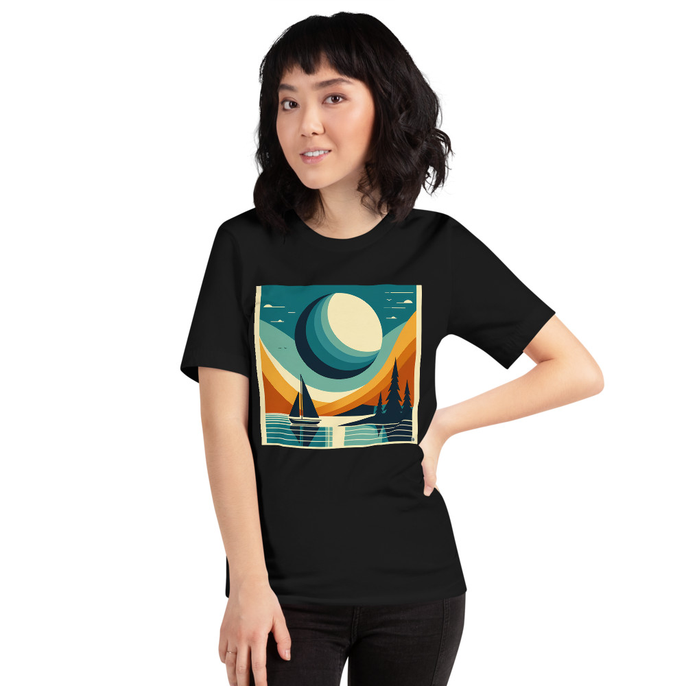 Geometric Moon Over Lake Sailboat — T-Shirt