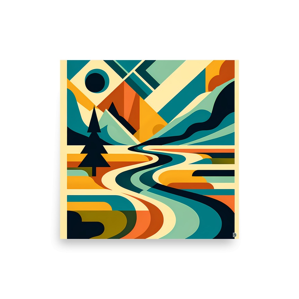 Geometric Mountain River Landscape — Art Print