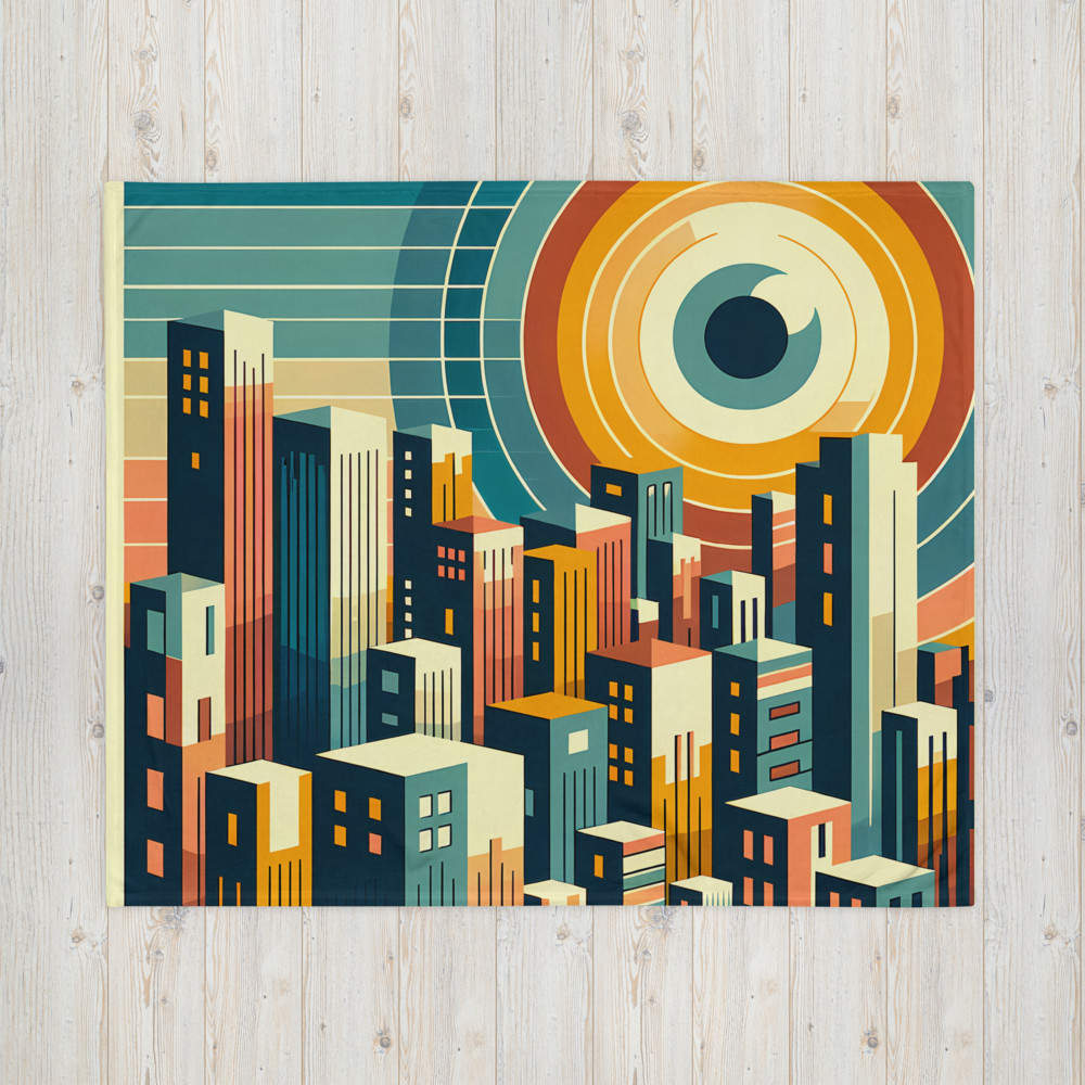 Geometric Cityscape with Circular Eye Sun