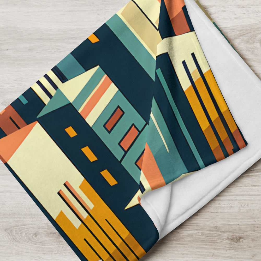 Geometric Cityscape with Circular Eye Sun