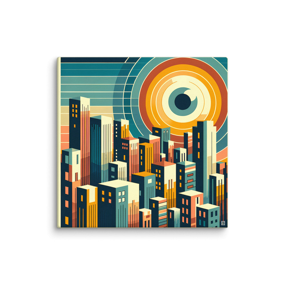 Geometric Cityscape with Circular Eye Sun