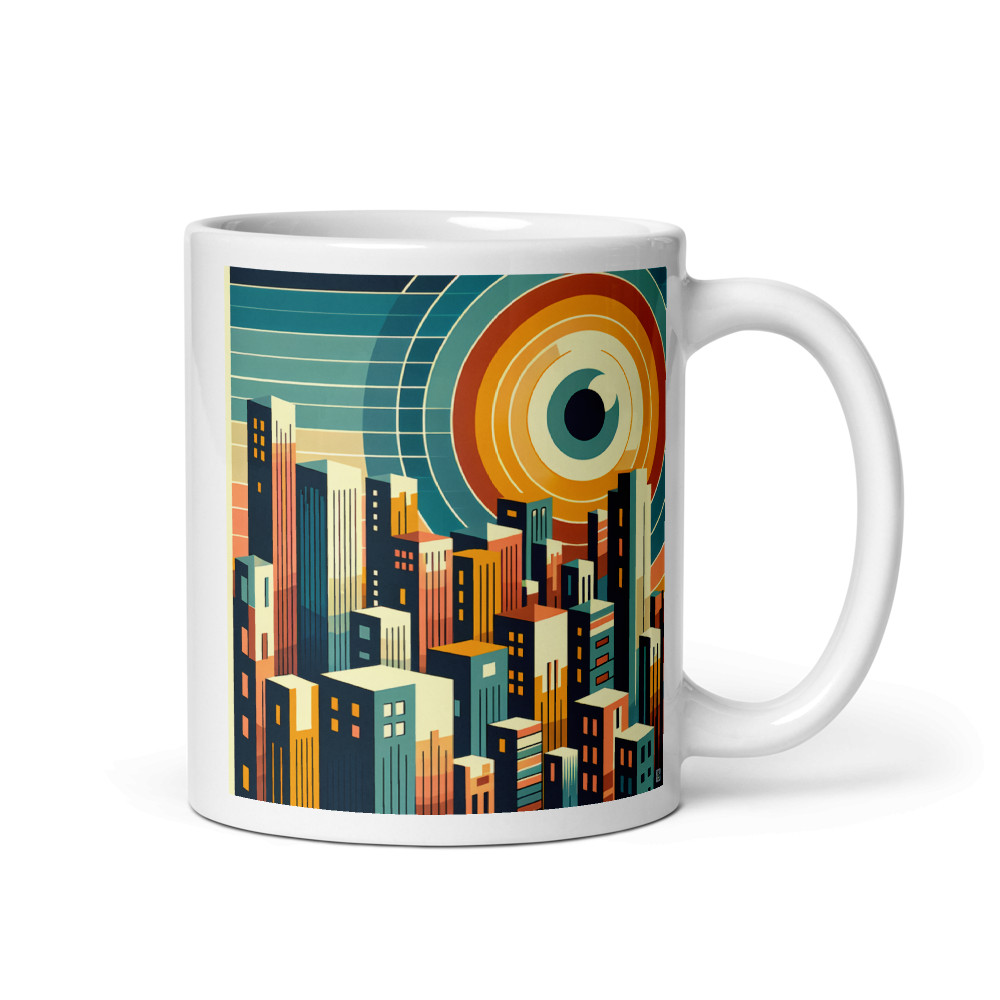 Geometric Cityscape with Circular Eye Sun