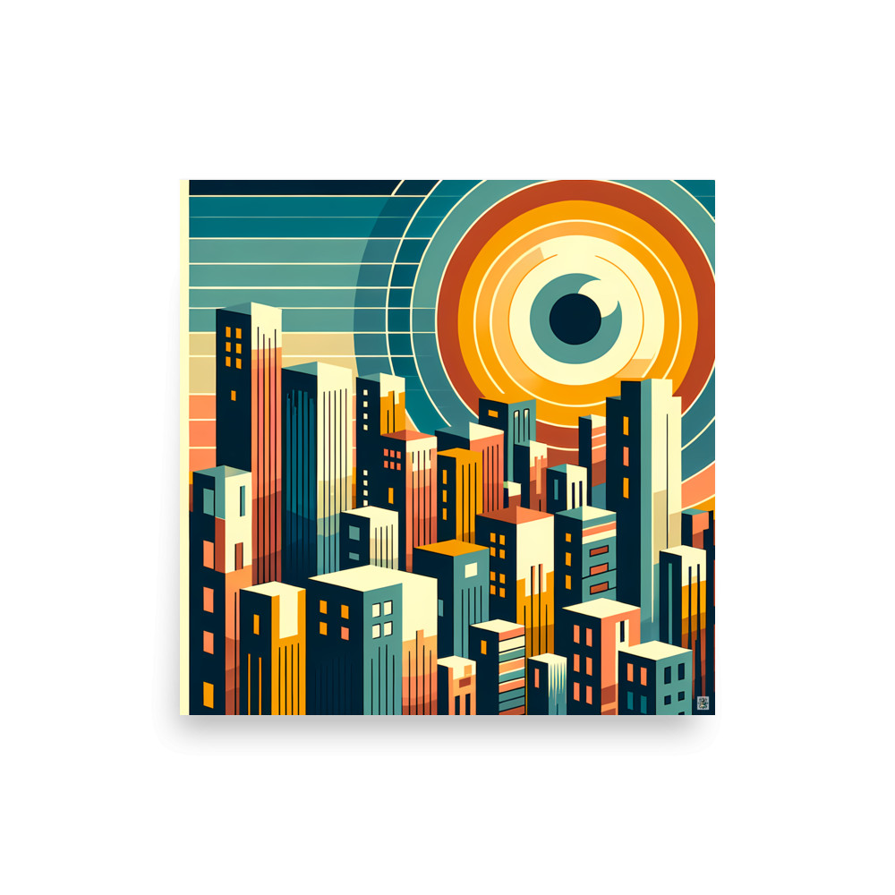 Geometric Cityscape with Circular Eye Sun — Art Print