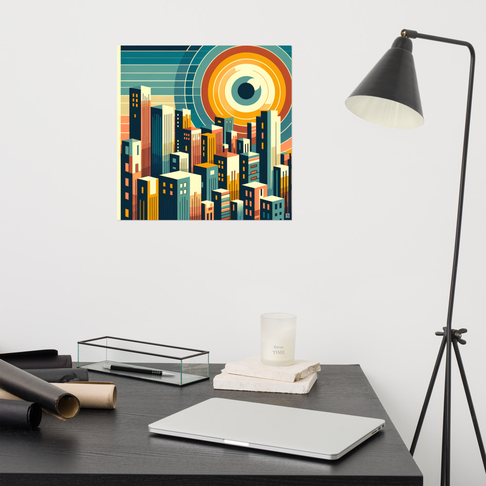 Geometric Cityscape with Circular Eye Sun