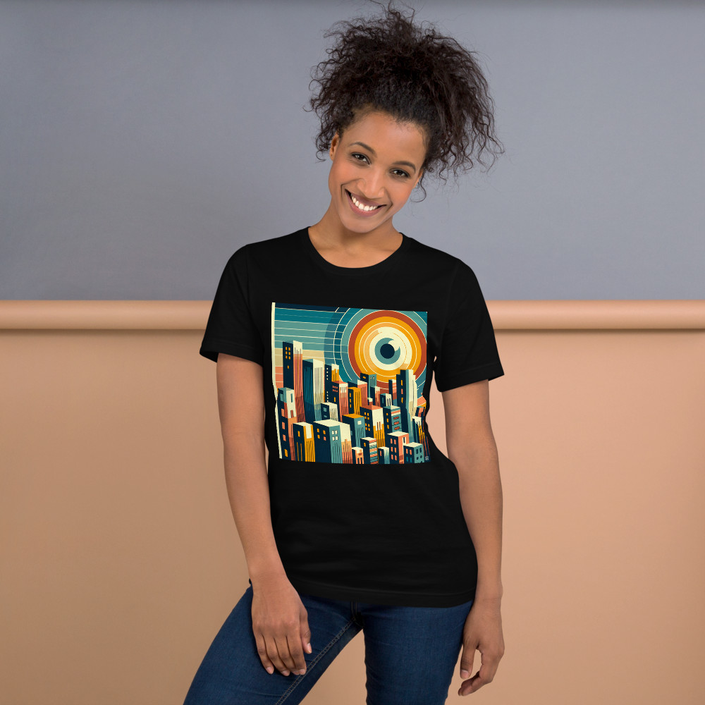 Geometric Cityscape with Circular Eye Sun