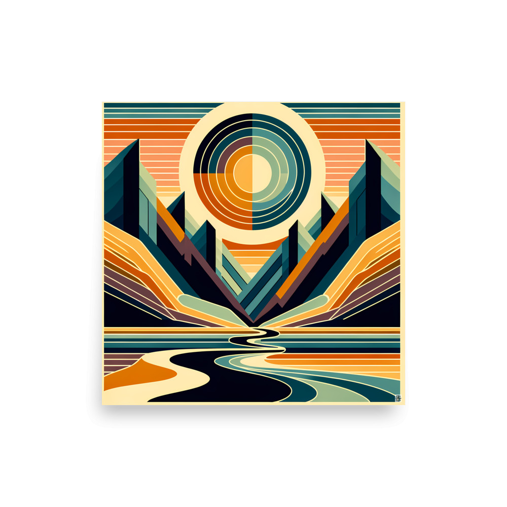 Geometric Sun Over Mountain Valley — Art Print