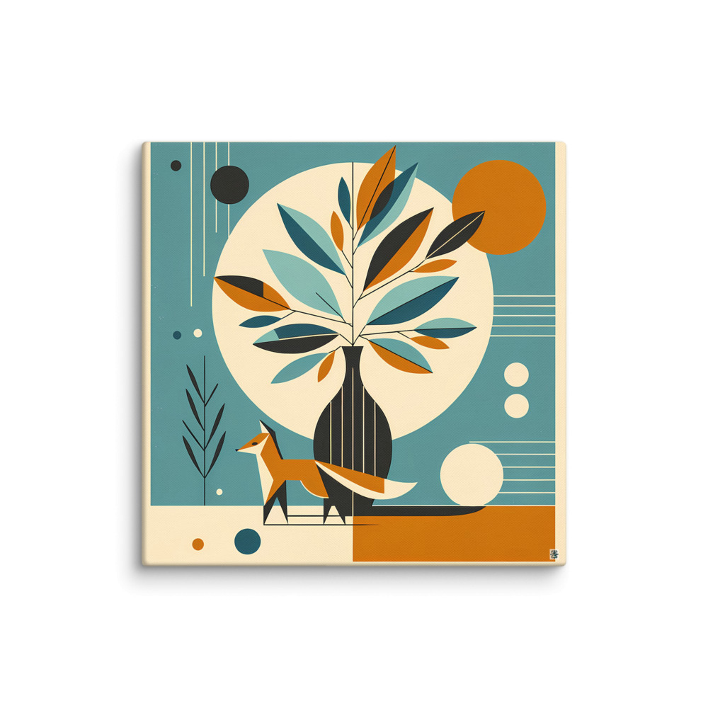 Geometric Fox and Botanical Vase Illustration — Canvas Print