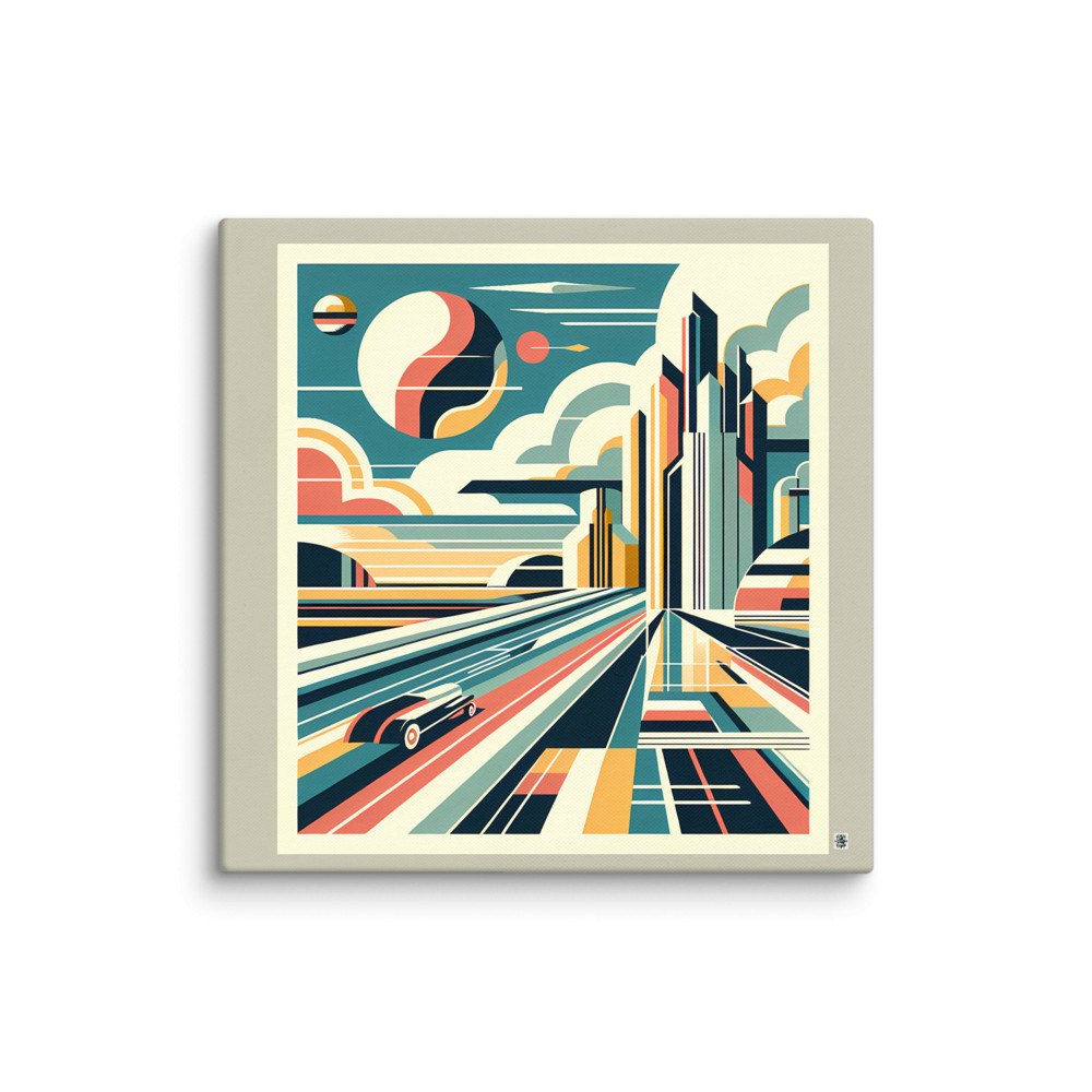 Retro Futuristic City Skyline with Speeding Car — Canvas Print