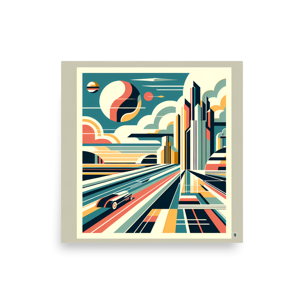 Retro Futuristic City Skyline with Speeding Car — Art Print