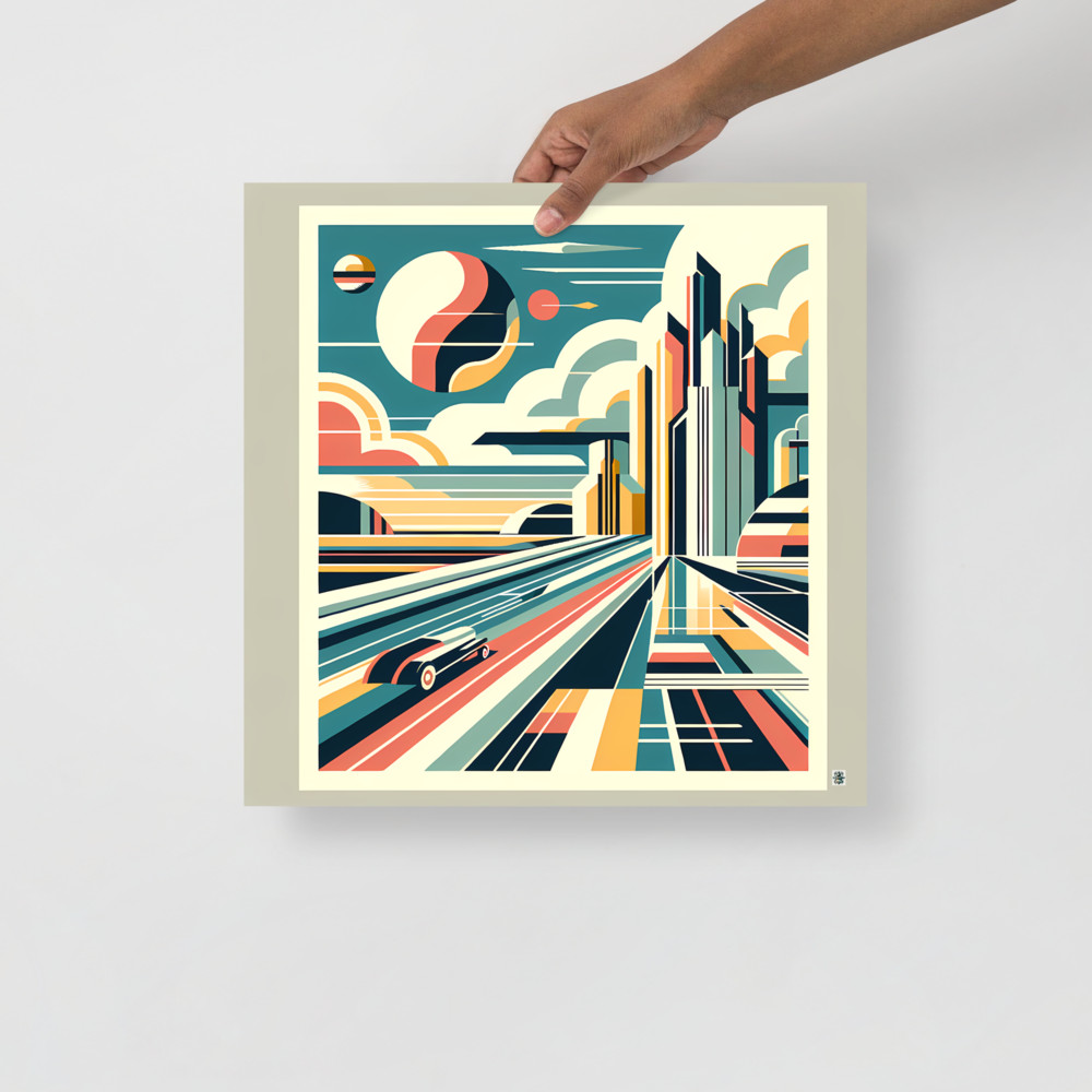Retro Futuristic City Skyline with Speeding Car
