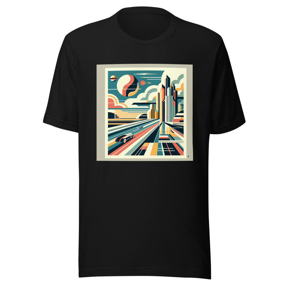 Retro Futuristic City Skyline with Speeding Car