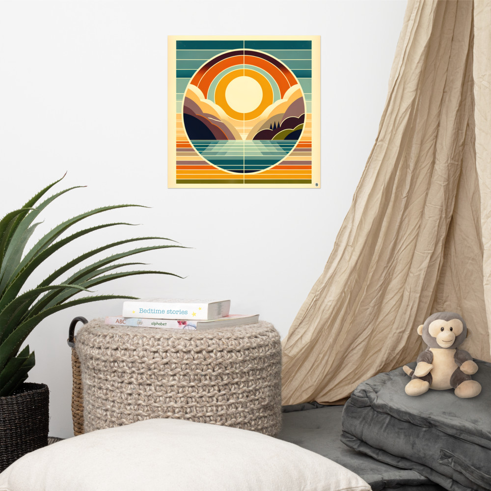 Geometric Sun Over Mountain Lake
