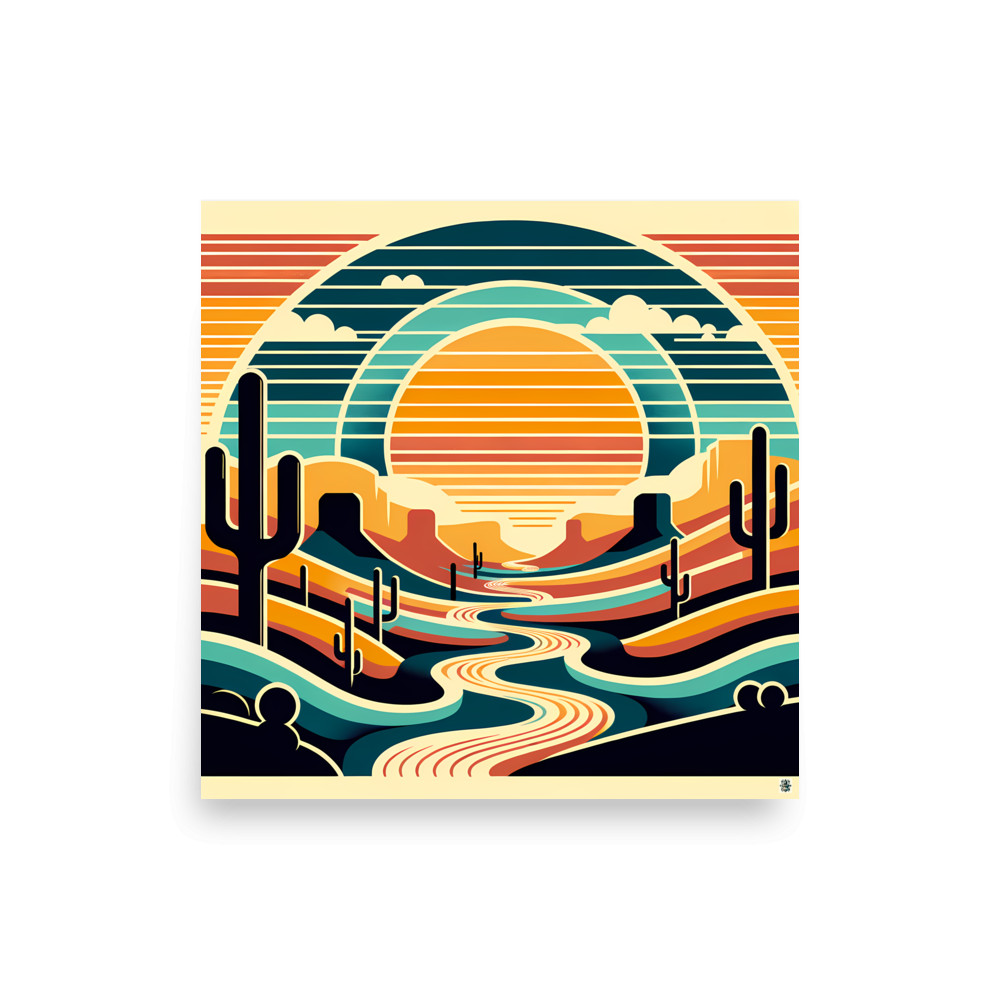 Geometric Desert Sunset with Cacti — Art Print