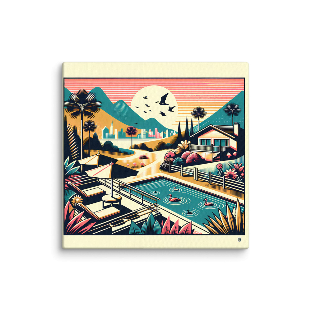 Retro Poolside Flamingos Sunset Mountain Landscape — Canvas Print