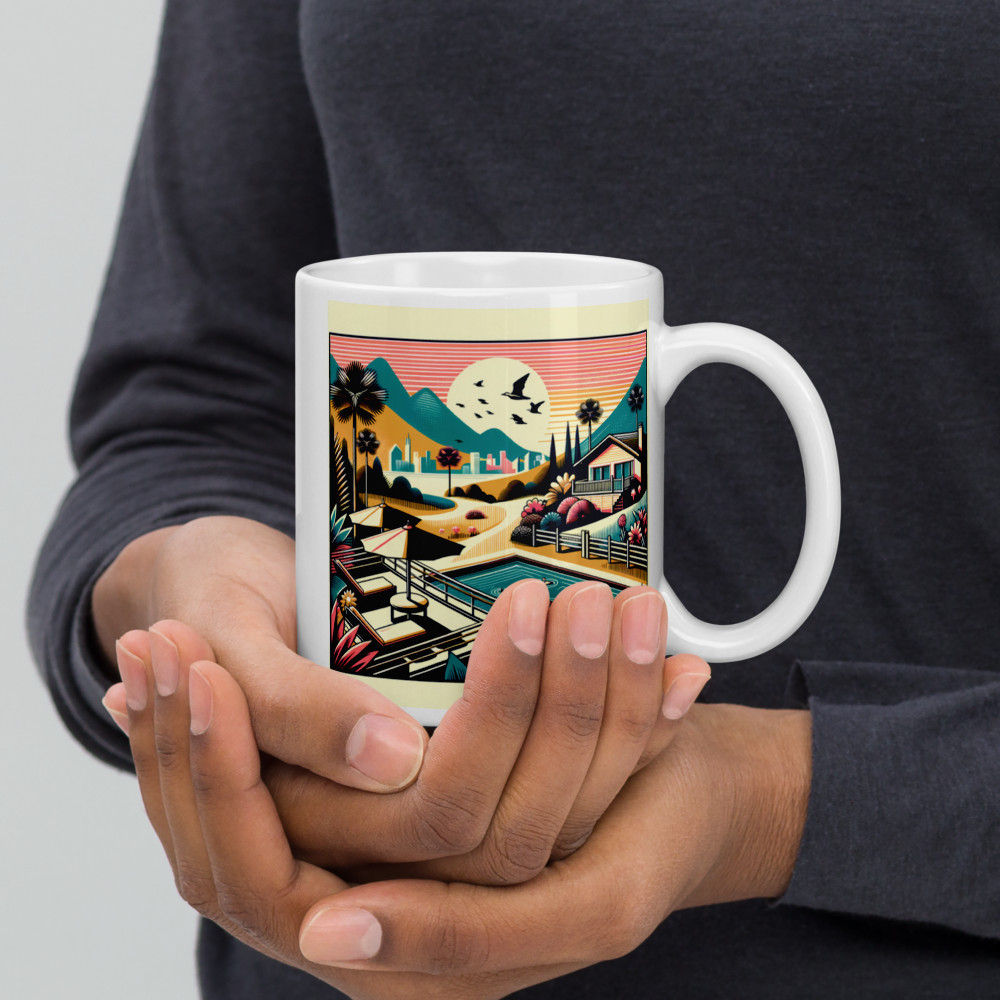 Retro Poolside Flamingos Sunset Mountain Landscape