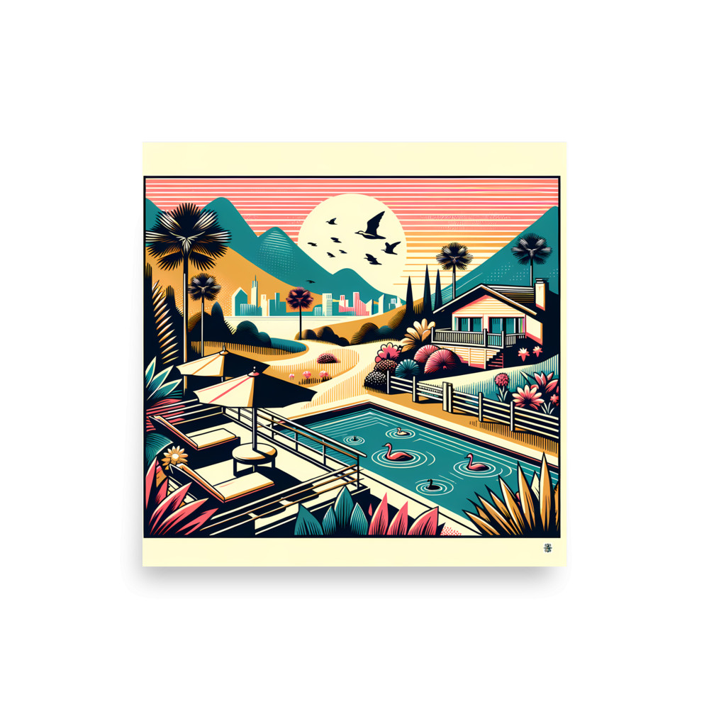 Retro Poolside Flamingos Sunset Mountain Landscape — Art Print