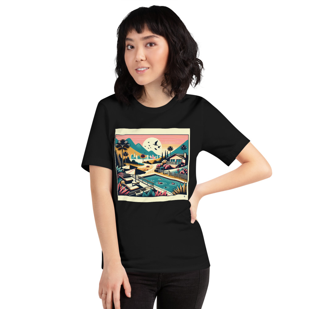 Retro Poolside Flamingos Sunset Mountain Landscape