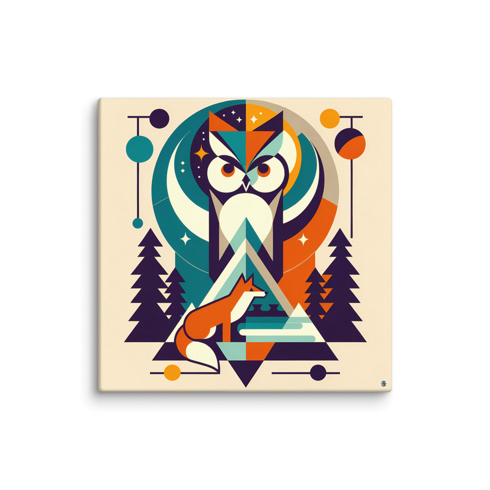 Geometric Owl and Fox Forest Scene — Canvas Print