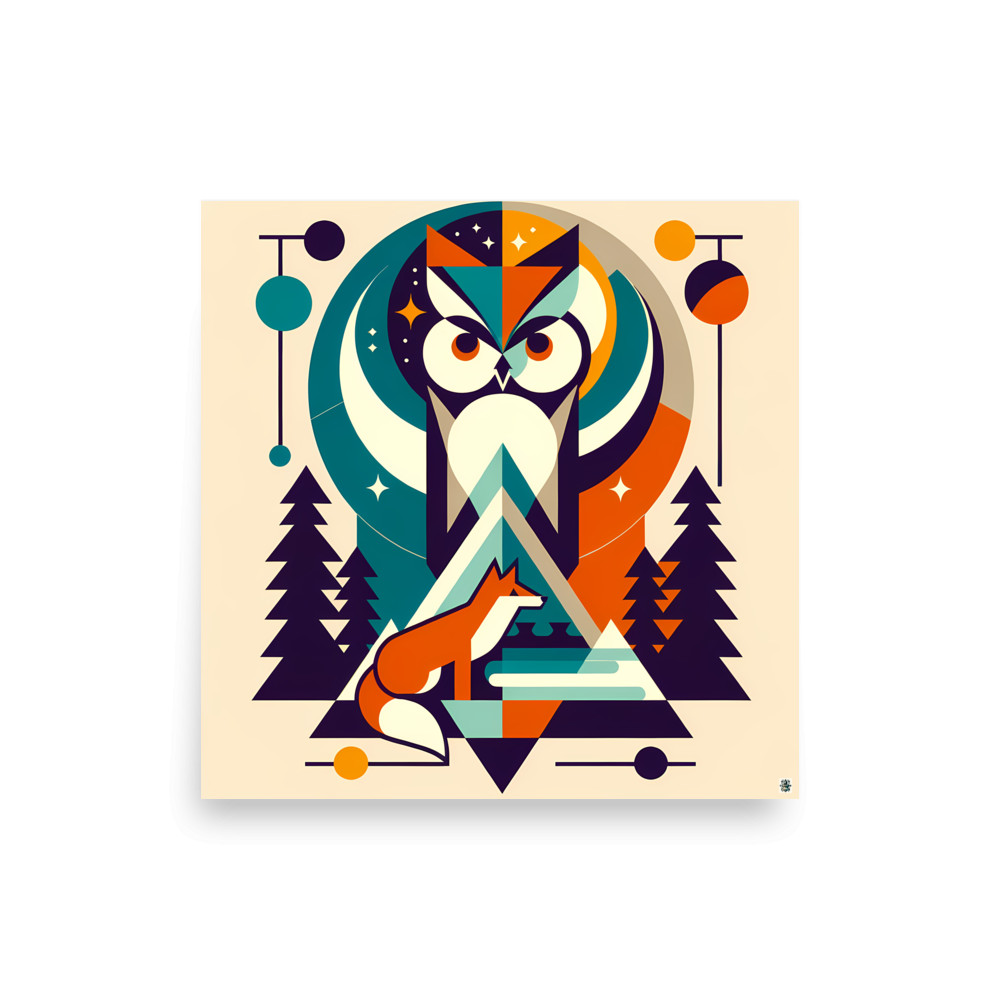 Geometric Owl and Fox Forest Scene — Art Print