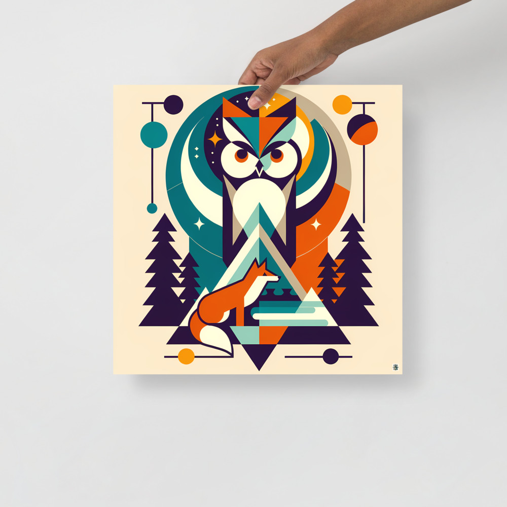 Geometric Owl and Fox Forest Scene