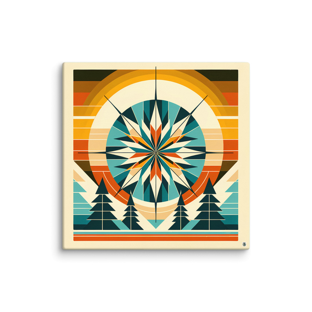 Geometric Snowflake Over Winter Pines — Canvas Print