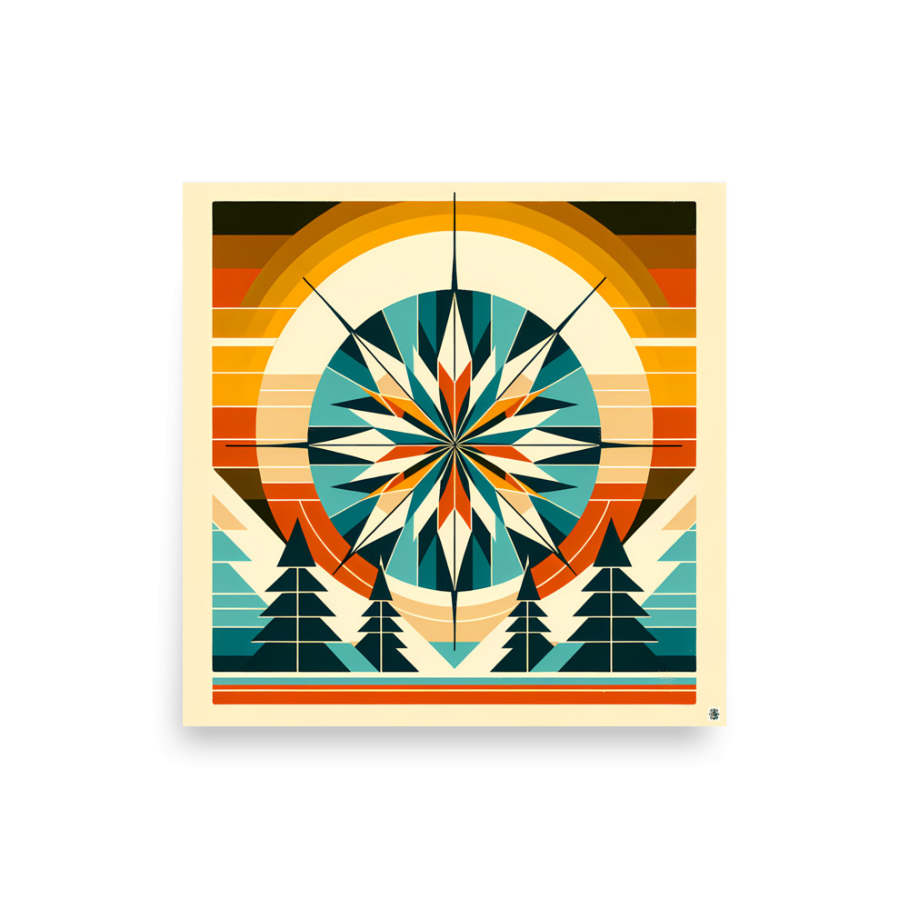 Geometric Snowflake Over Winter Pines — Art Print