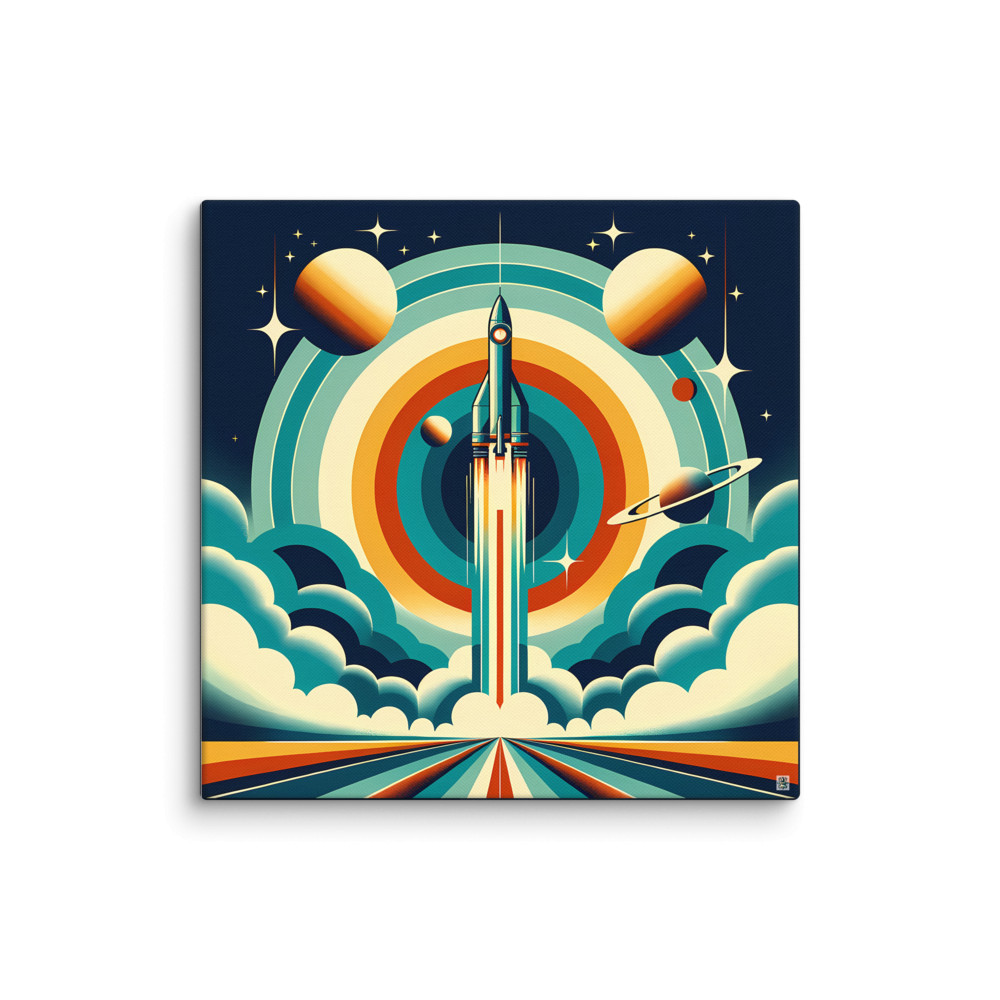 Retro rocket launch with planets and concentric rings — Canvas Print