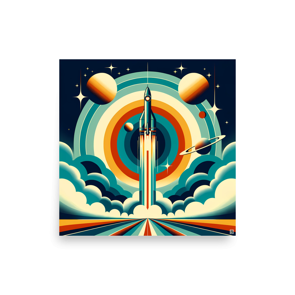 Retro rocket launch with planets and concentric rings — Art Print