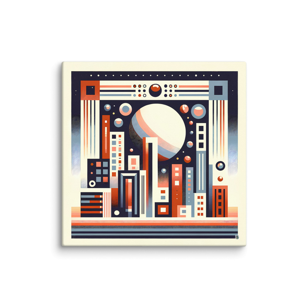 Retro Geometric Space Cityscape with Giant Planet — Canvas Print