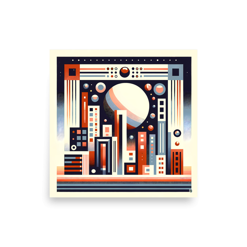 Retro Geometric Space Cityscape with Giant Planet — Art Print