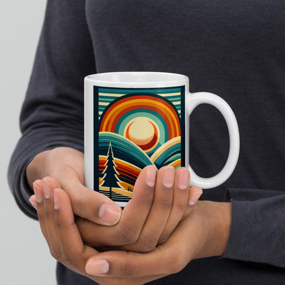 Geometric Sunset Over Rolling Hills — Mug