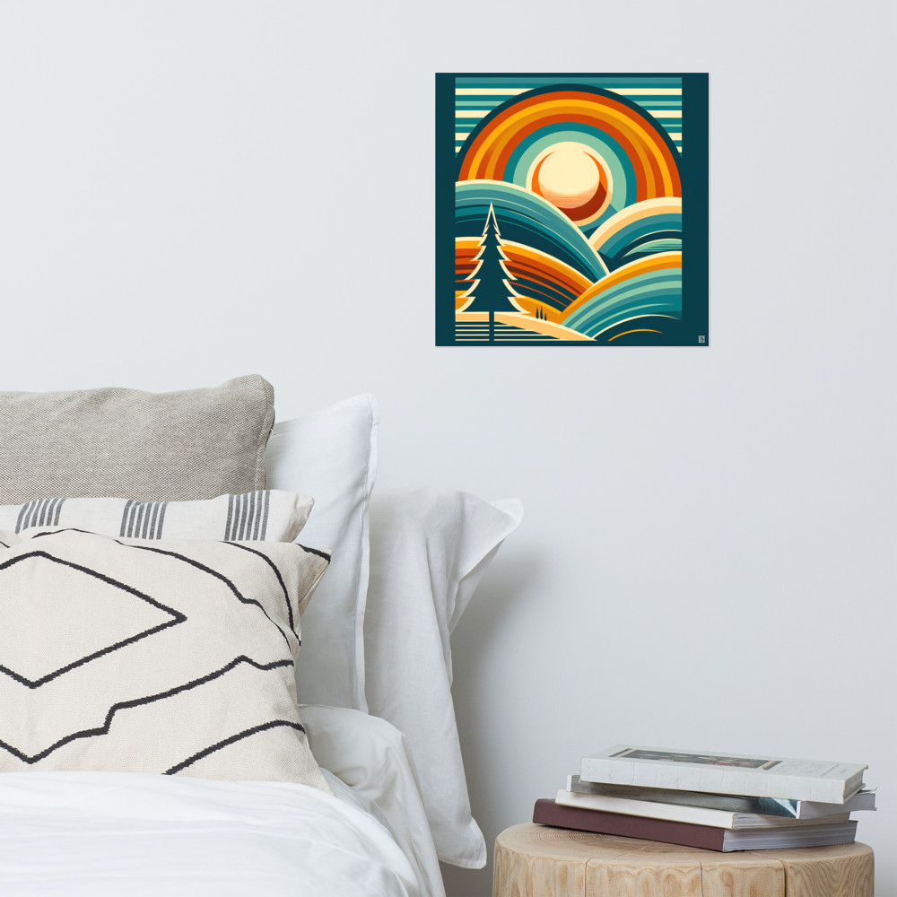 Geometric Sunset Over Rolling Hills