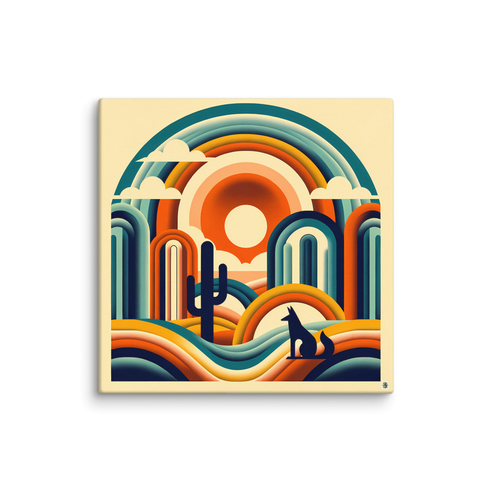 Geometric Desert Sunset with Fox and Cactus — Canvas Print