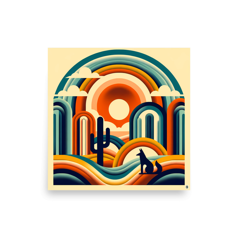 Geometric Desert Sunset with Fox and Cactus — Art Print