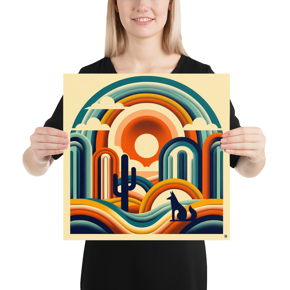 Geometric Desert Sunset with Fox and Cactus