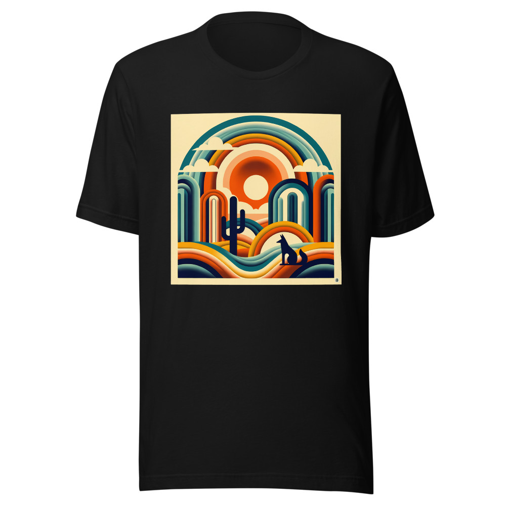 Geometric Desert Sunset with Fox and Cactus