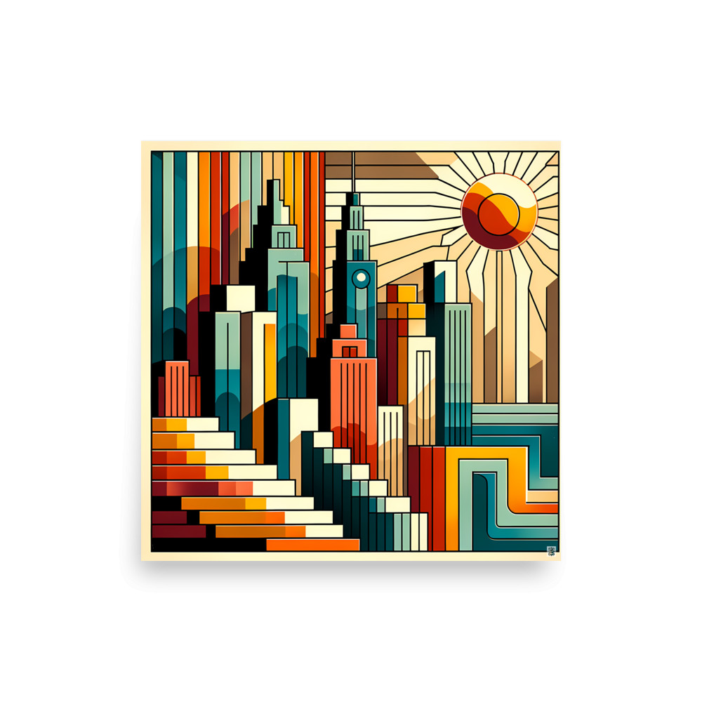 Geometric City Skyline at Sunset — Art Print