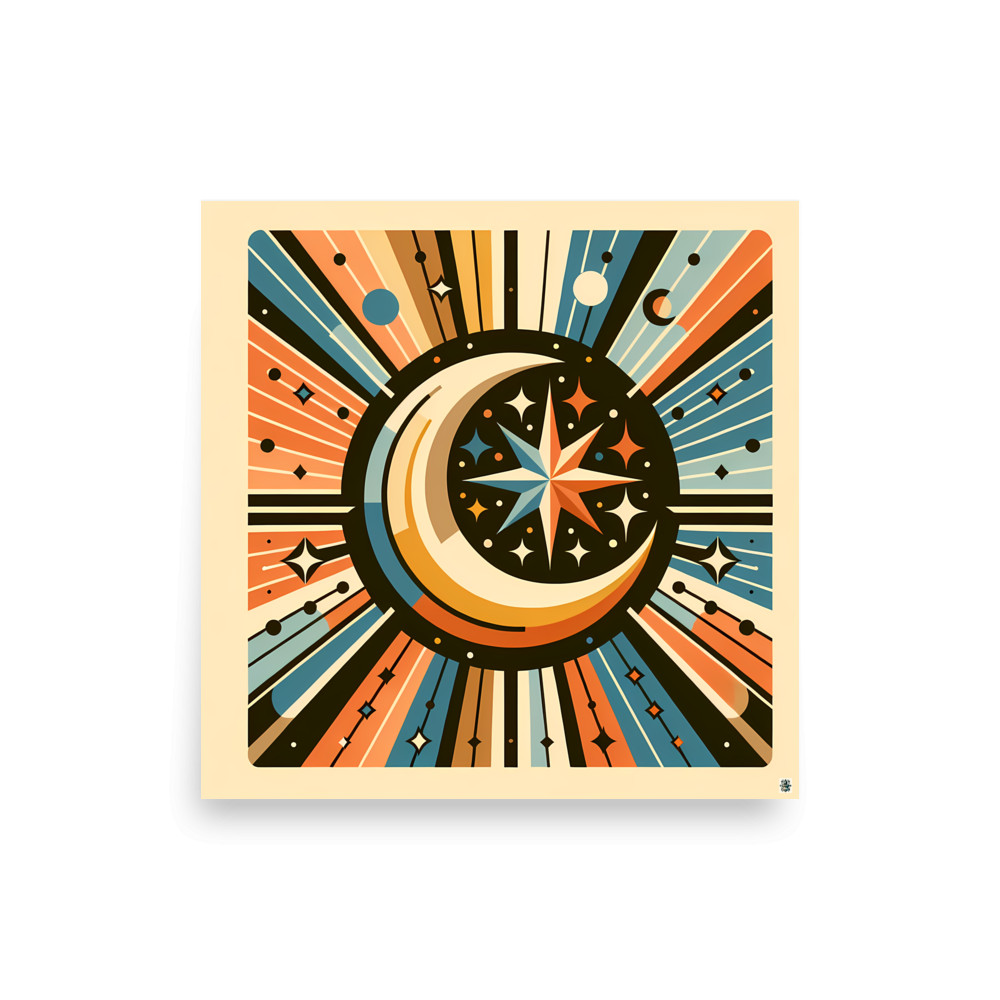 Geometric Crescent Moon and Starburst — Art Print