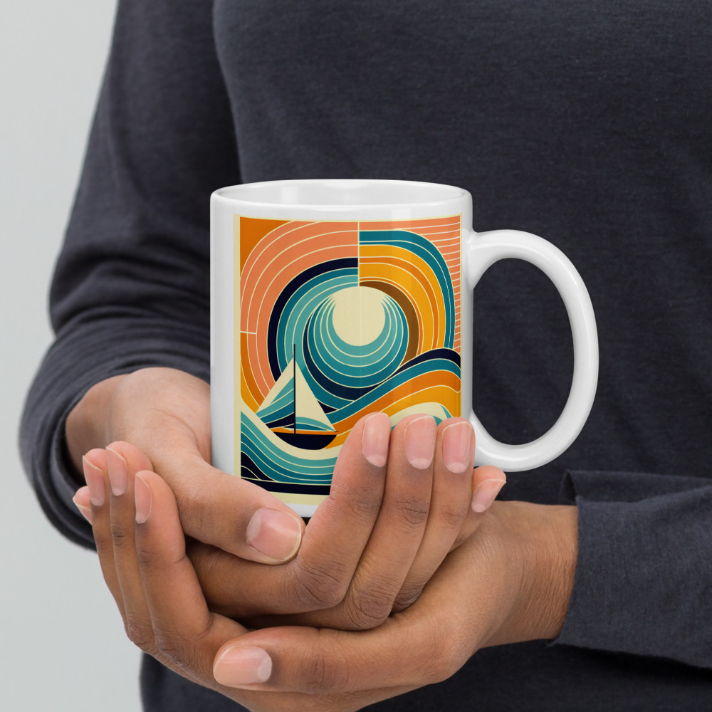 Geometric Sailboat at Sunset Waves — Mug