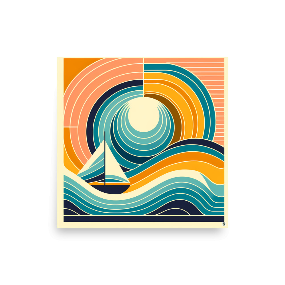 Geometric Sailboat at Sunset Waves — Art Print