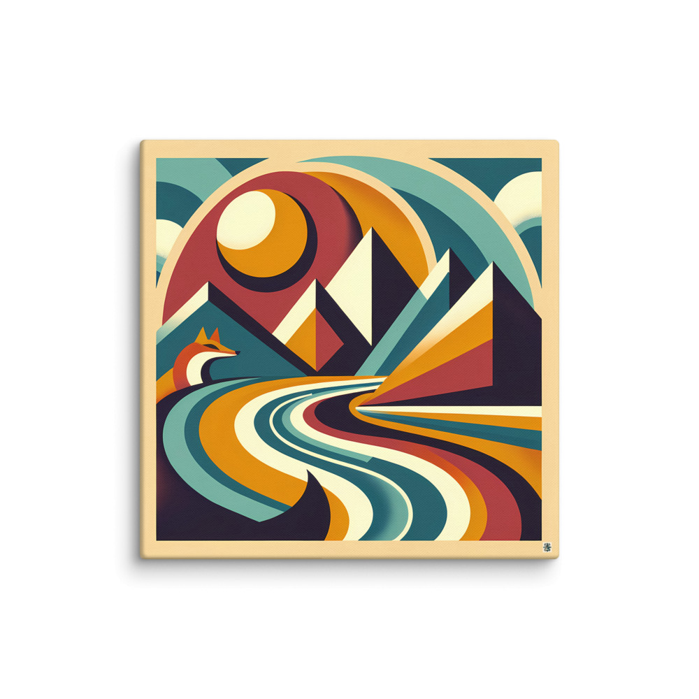 Geometric Mountain Landscape with Fox and Sun — Canvas Print