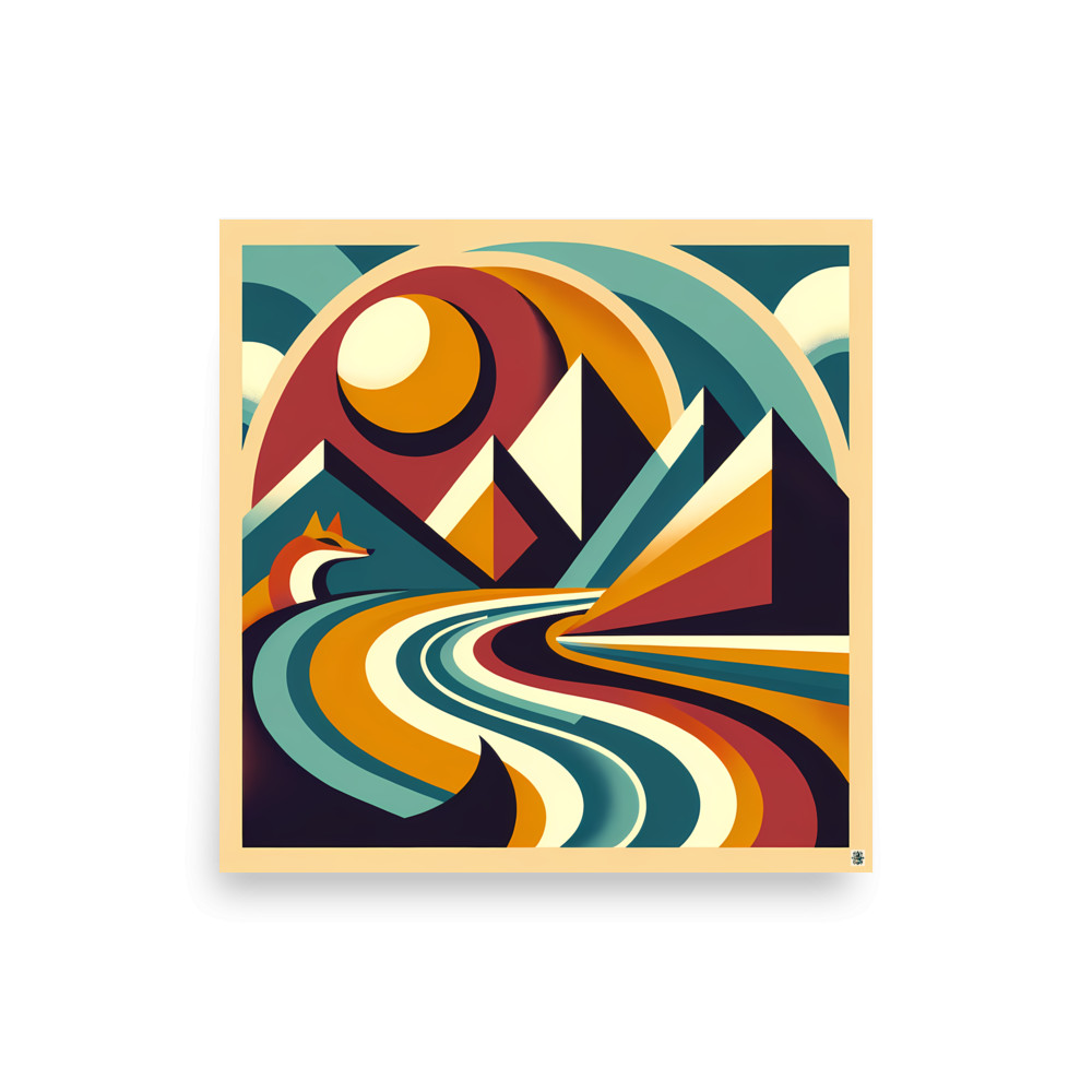 Geometric Mountain Landscape with Fox and Sun — Art Print