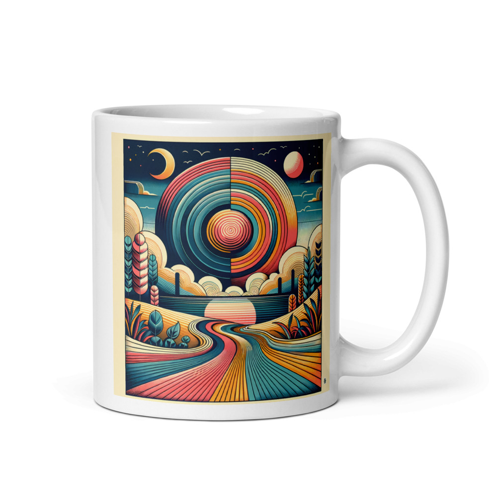 Retro Geometric Sunset Landscape with Spiral Sun