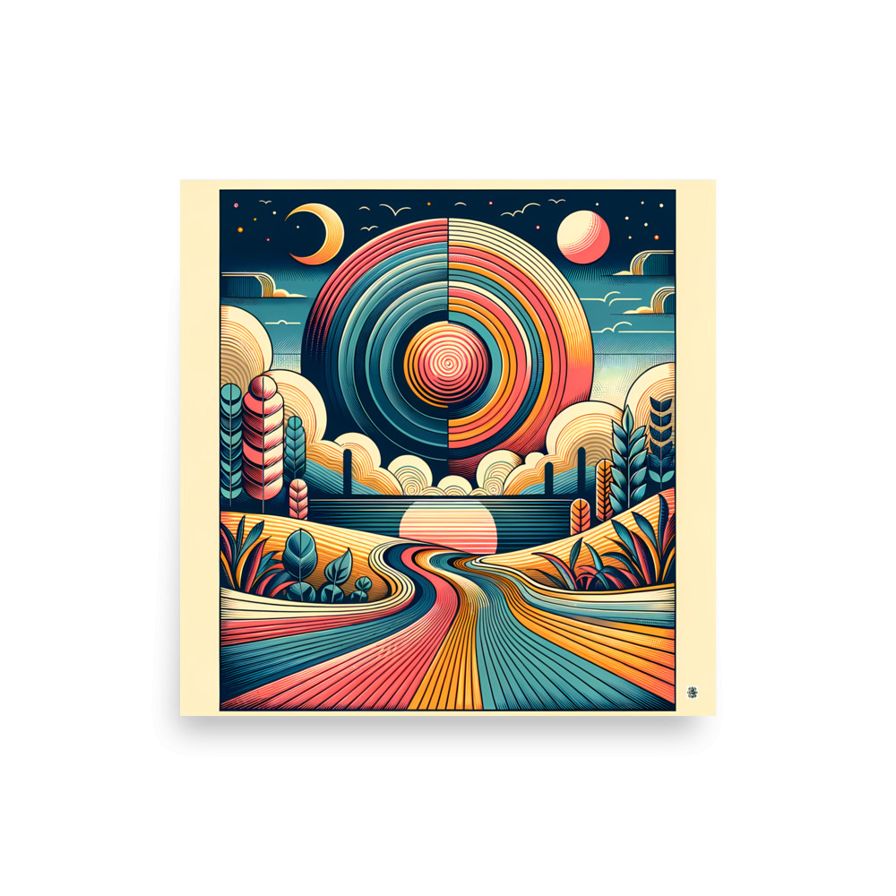Retro Geometric Sunset Landscape with Spiral Sun — Art Print