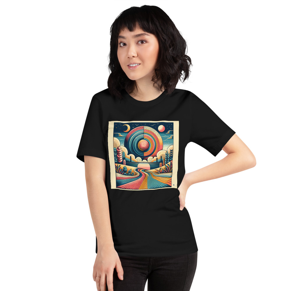 Retro Geometric Sunset Landscape with Spiral Sun