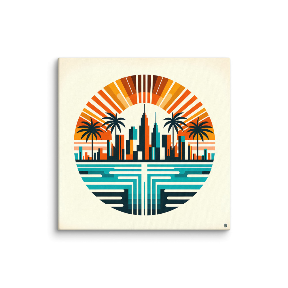 Retro Neon City Sunset with Palms — Canvas Print