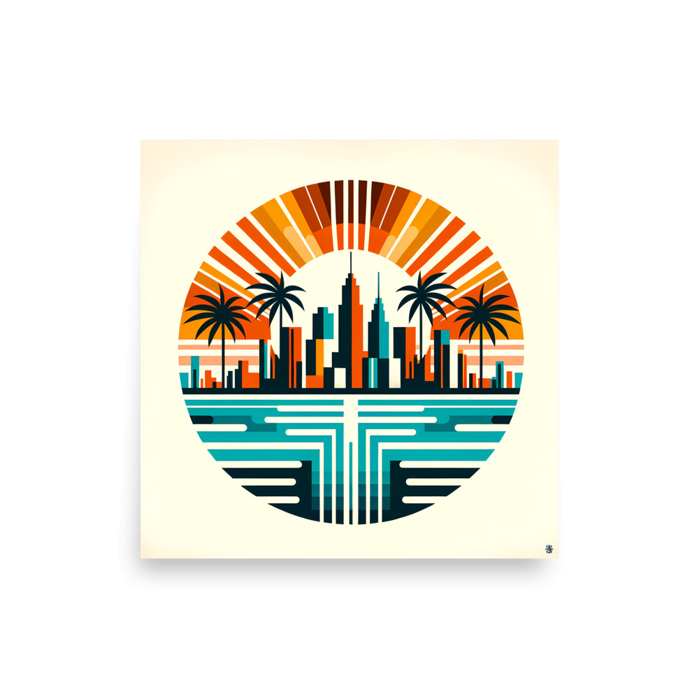 Retro Neon City Sunset with Palms — Art Print